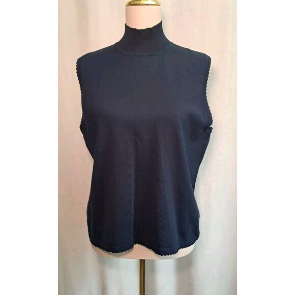 Oscar De La Renta Silk Blend Sleeveless Mock Neck Sweater Navy Blue Size L - Picture 1 of 10